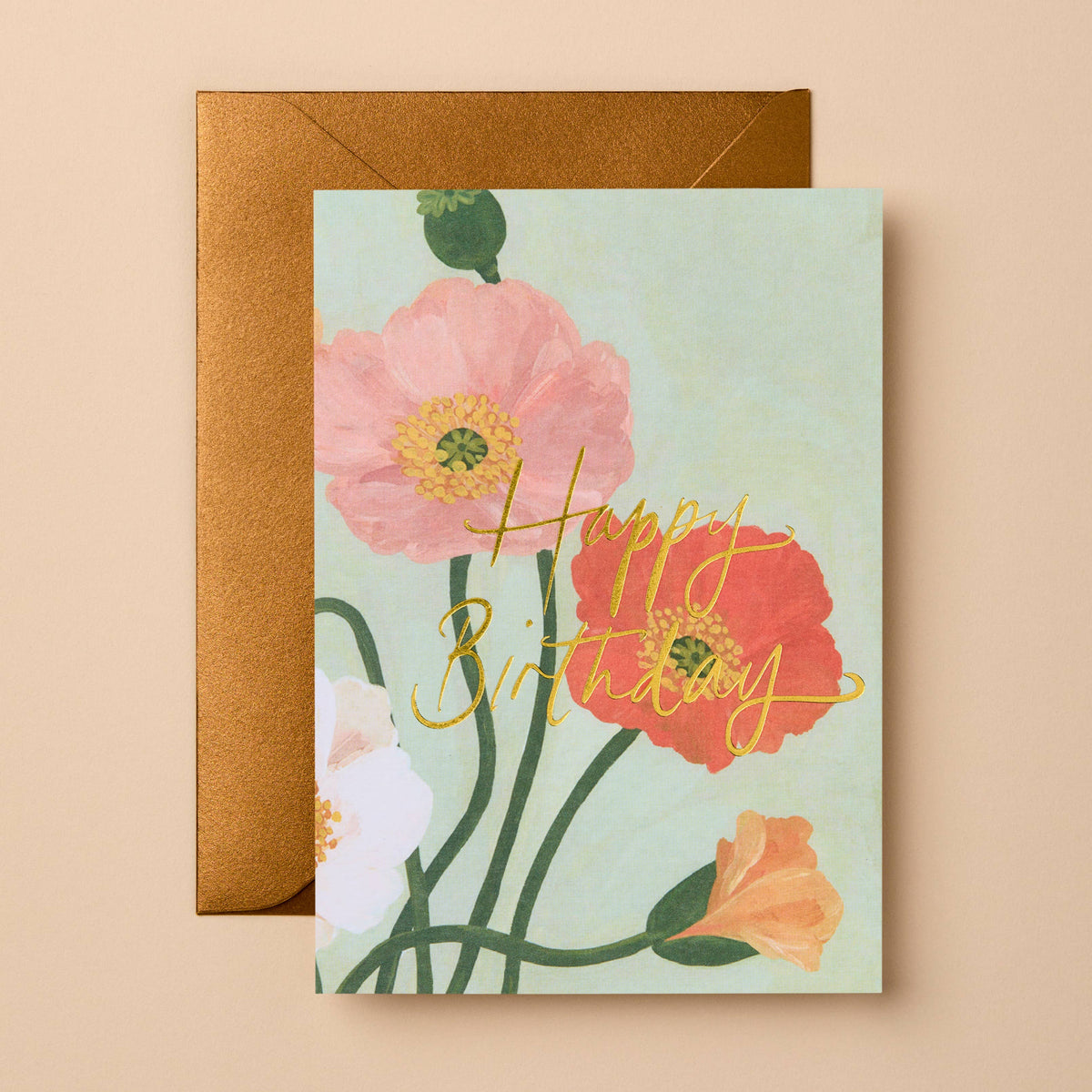 Happy Birthday - Floral Poppies & Gold Foil