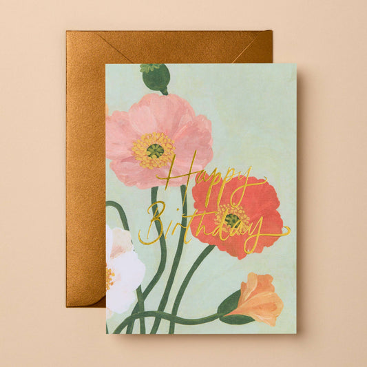 Happy Birthday - Floral Poppies & Gold Foil